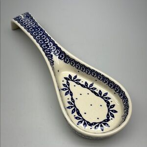Artisanal Polish Pottery Blue and White Ceramic Spoon Rest Kitchen Tool